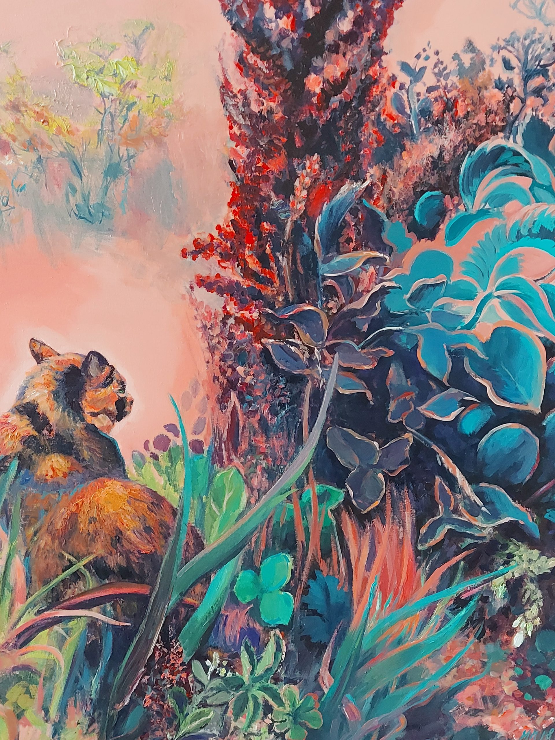 Detail, ‘Wild Cat, Wild Plants’, Biesbosch vegetatie op terp. 100x120cm, olieverf op linnen, Marinde Molendijk, 2018