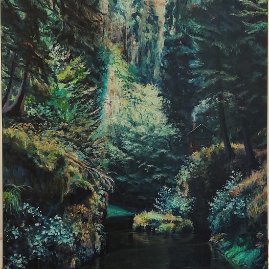 'Cabin in the woods’, 100x140cm, acryl op linnen, Marinde Molendijk, 2020