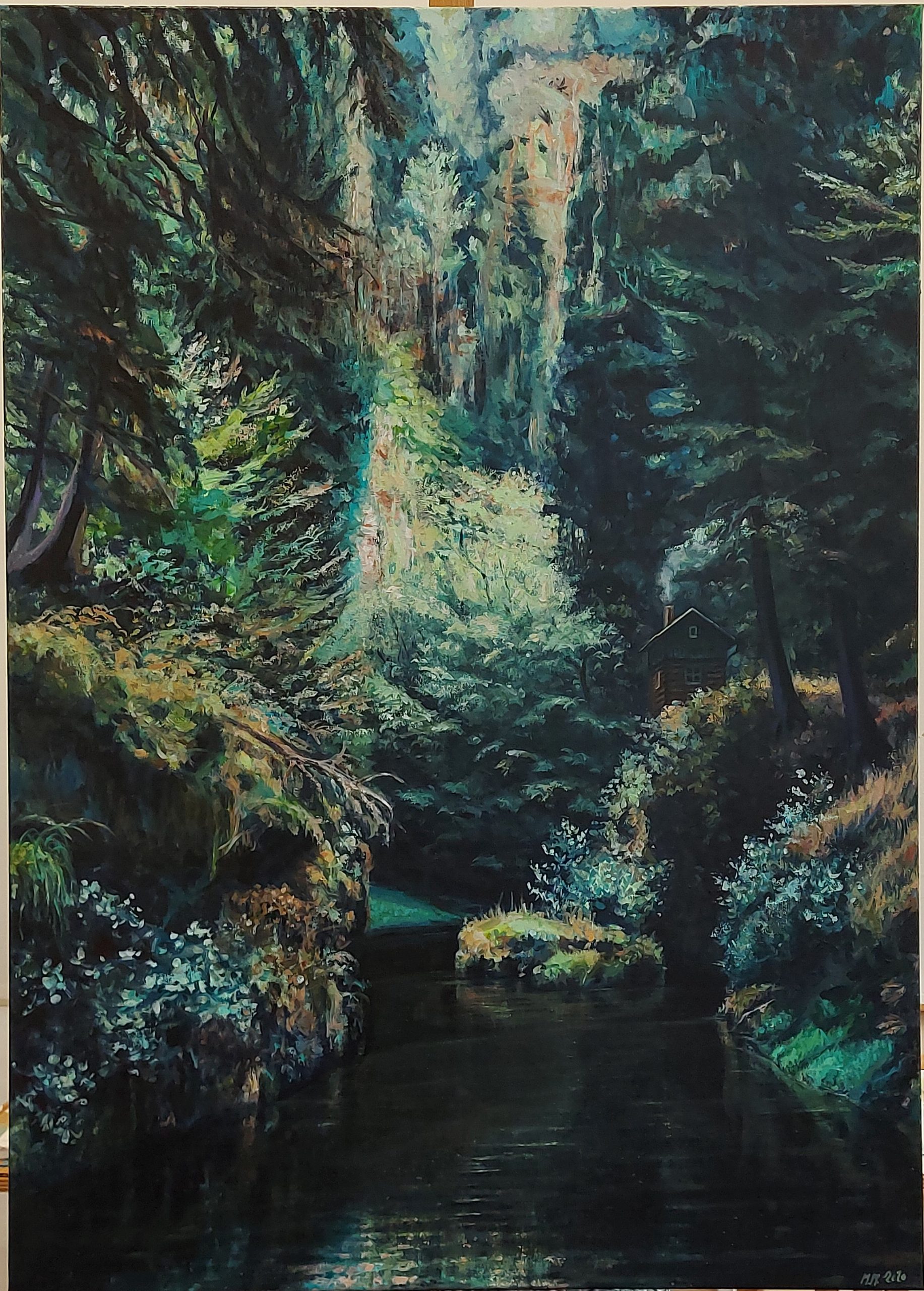 'Cabin in the woods’, 100x140cm, acryl op linnen, Marinde Molendijk, 2020